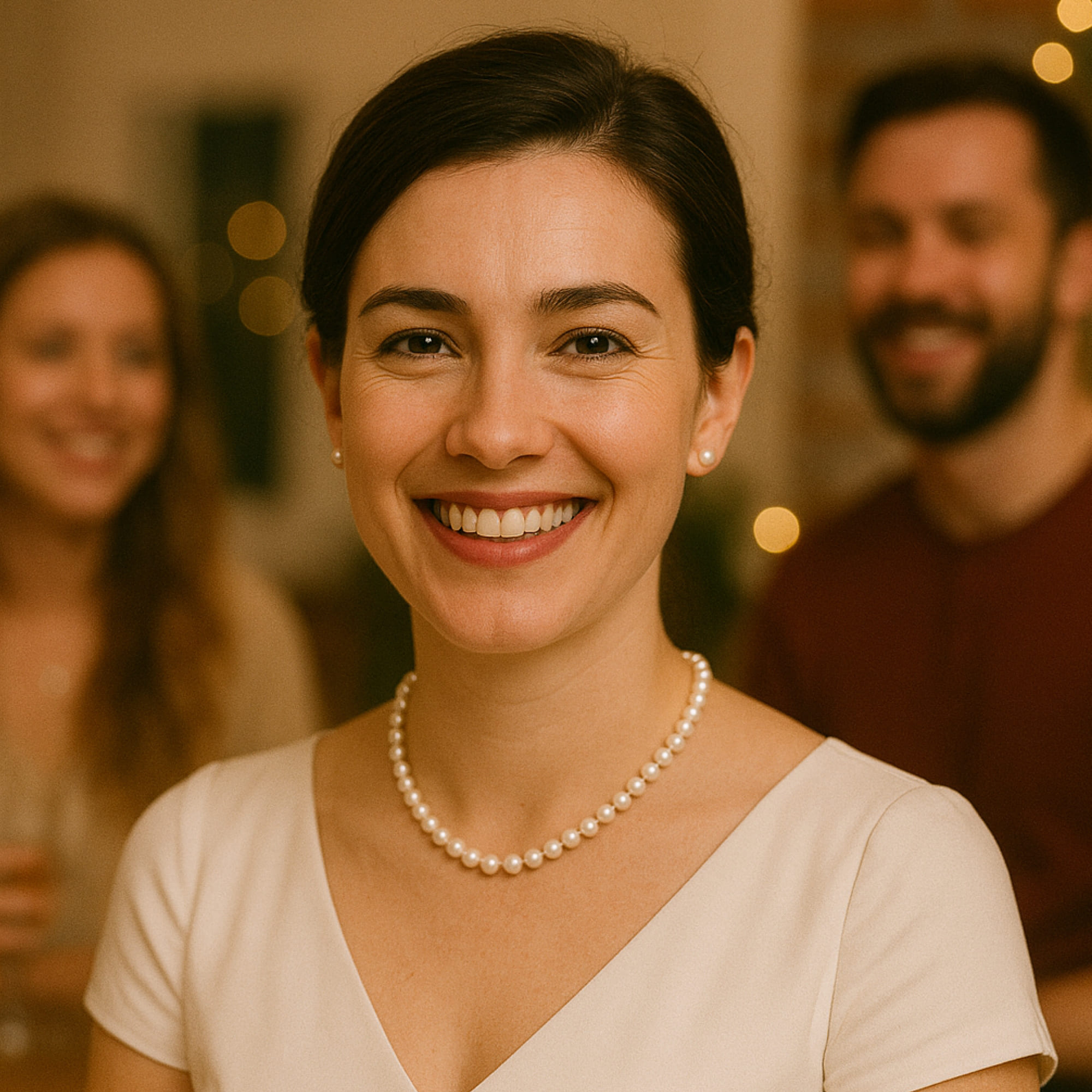 Colier cu Perle Albe 6–7 mm, la Baza Gâtului, Închizătoare Aur 14K, Rochie Albă